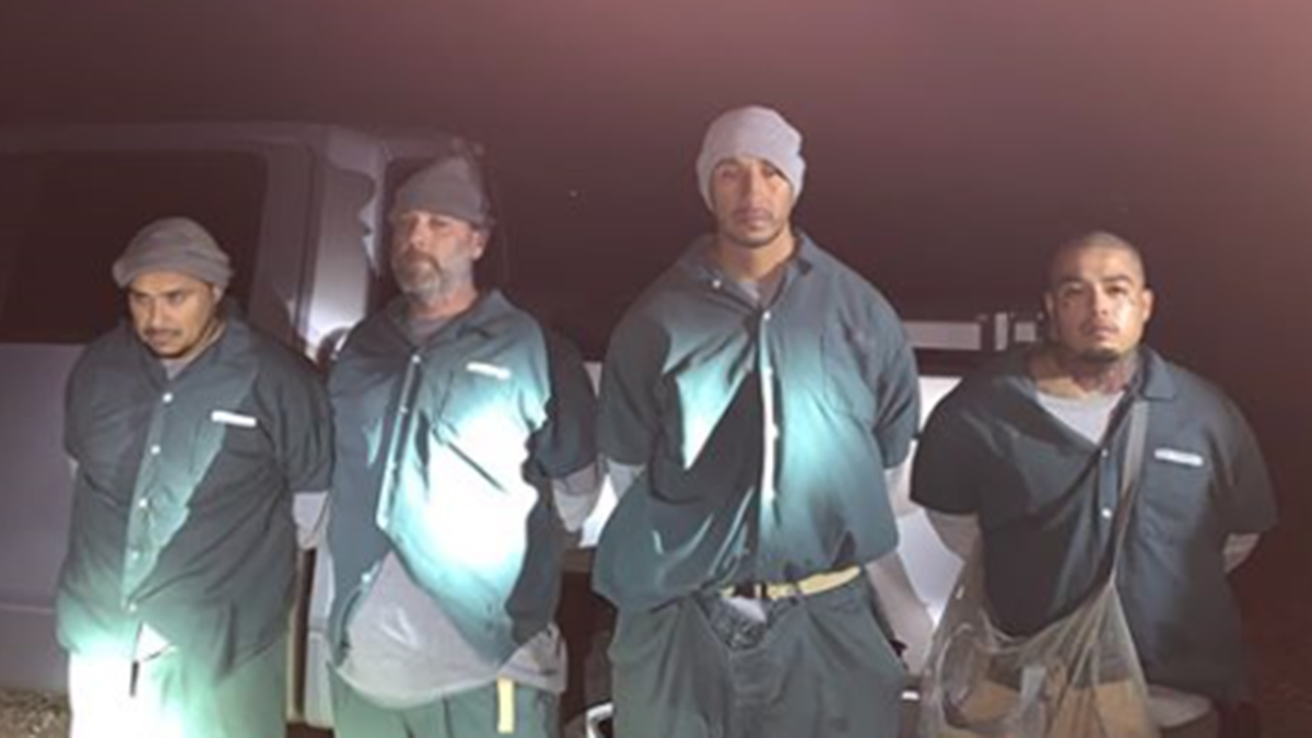 Authorities say these four inmates were caught after they escaped from the federal prison camp in Beaumont, Texas, Saturday, to go on a booze run.