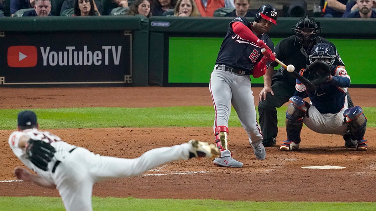 Washington Nationals' Juan Soto hits a home run off Houston Astros starting pitcher Justin Verlander during the fifth inning of Game 6 of the baseball World Series Tuesday, Oct. 29, 2019, in Houston. (AP Photo/Eric Gay)