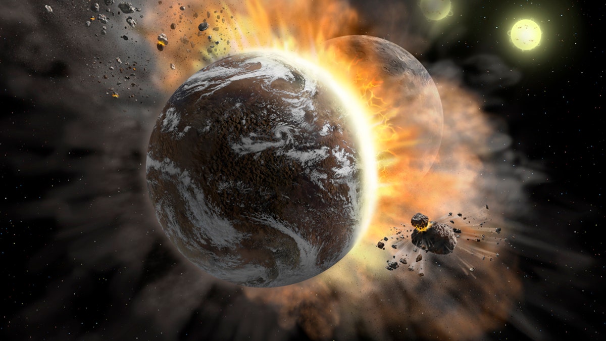 Artist’s concept illustrating a catastrophic collision between two rocky exoplanets in the planetary system BD +20 307, turning both into dusty debris. <br>
(Credit: NASA/SOFIA/Lynette Cook)