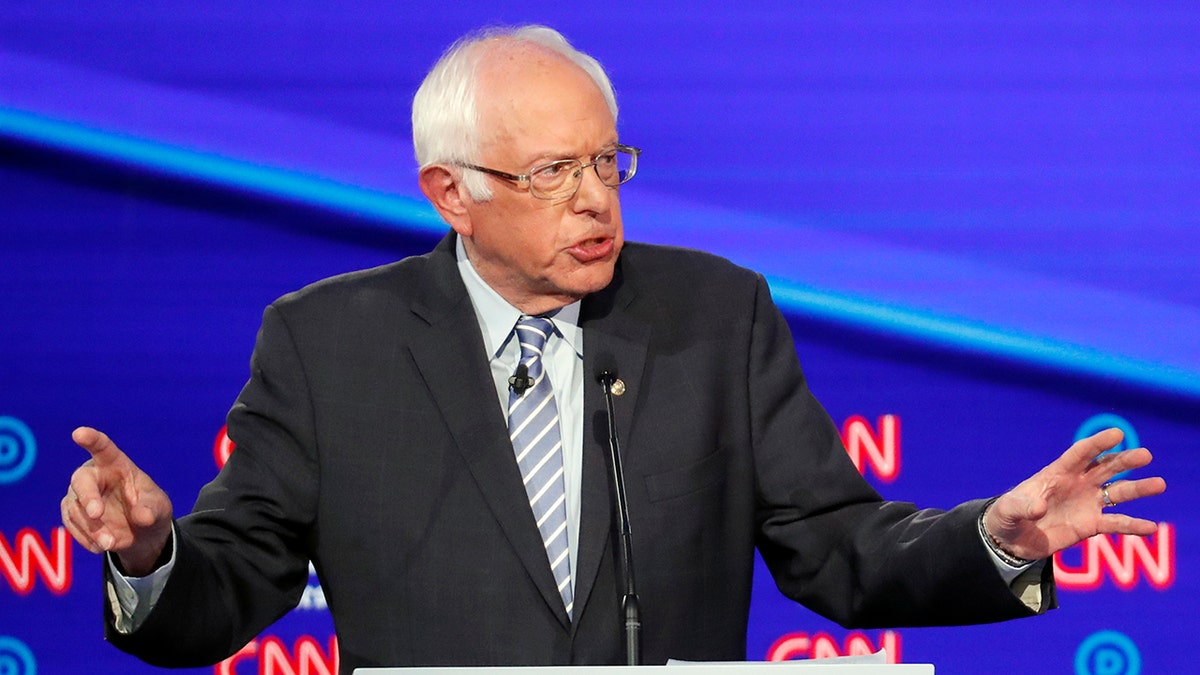 Democratic presidential candidate Sen. Bernie Sanders, I-Vt., speaks during a Democratic presidential primary debate hosted by CNN/New York Times at Otterbein University, Tuesday, Oct. 15, 2019, in Westerville, Ohio. (AP Photo/John Minchillo)