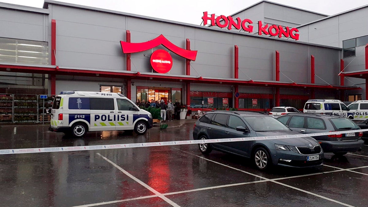 Police attend the scene of a violent incident at the Hermanni shopping center in Kuopio, Finland, Tuesday Oct. 1, 2019. (Jaakko Vesterinen/Lehtikuva via AP)