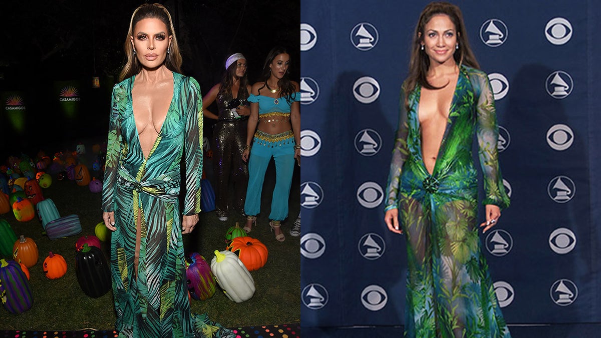 Lisa Rinna, left, paid homage to Jennifer Lopez, right, by rocking a dress similar to JLo's green Versace dress from the 2000 Grammy Awards.