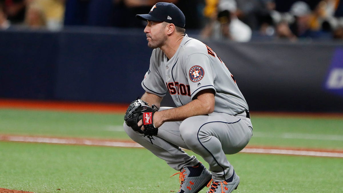 Houston Astros starting pitcher Justin Verlander reacts after giving up a home run to Tampa Bay Rays' Willy Adames during the fourth inning of Game 4 of a baseball American League Division Series, Tuesday, Oct. 8, 2019, in St. Petersburg, Fla. (Associated Press)