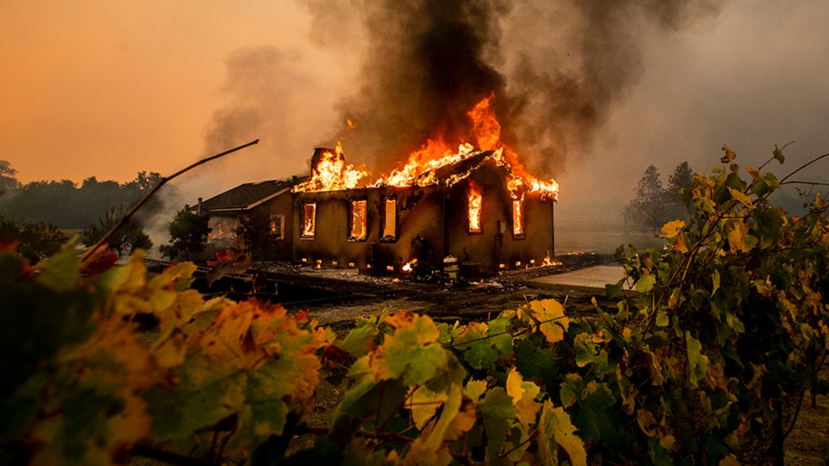 Vines surround a burning building as the Kincade Fire burns through the Jimtown community of unincorporated Sonoma County, Calif., on Thursday. (AP)