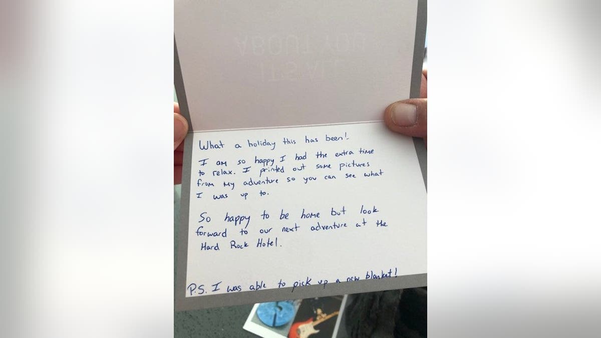 Millie's stuffed animal returned with a note describing his "adventures."