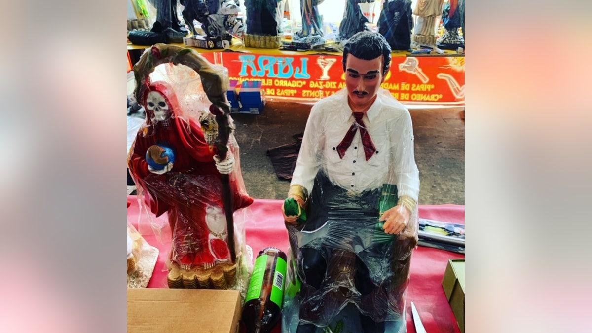 A figure of folklore legend Jesús Malverde in Mexico City's Tepito.