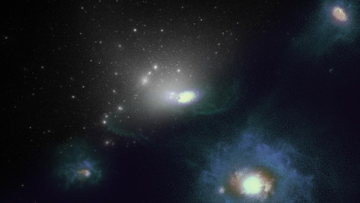 Visualization of the simulations used in the study. Top left shows dark matter in white. Bottom right shows a simulated Large Magellanic Cloud-like galaxy with stars and gas, and several smaller companion galaxies. (Credit: Ethan Jahn, UC Riverside.)