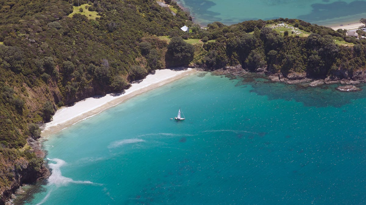 An aerial view of the Bay of Islands, North Island, New Zealand. The Bay of Islands boasts a unique coastline sheltering over 150 small islands in its arms. 
