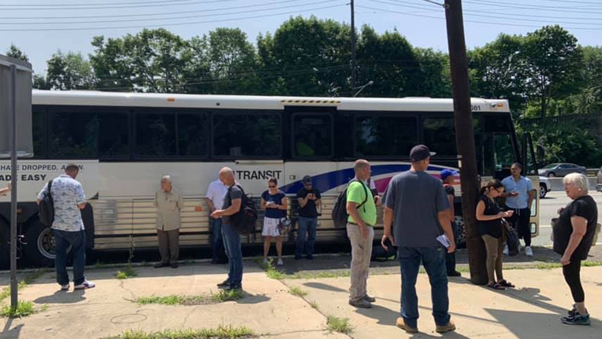 A 69-year-old woman was injured Sunday after sitting on sulfuric acid onboard a New Jersey Transit bus, officials say, similar to the one pictured above.
