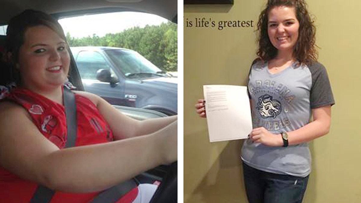 This combination of undated photos provided by the family in October 2019 shows Faith Newsome before and after gastric bypass surgery. At 5 feet, 8 inches and 273 pounds, her BMI was almost 42 and she had high blood pressure and prediabetes when she had the procedure at age 16.  (Family photos via AP)