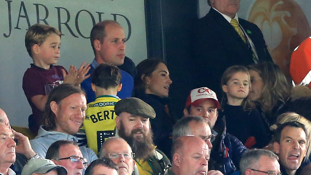 Prince George of Cambridge, Prince William, Duke of Cambridge and Catherine, Duchess of Cambridge and Princess Charlotte of Cambridge are seen in the stands during the Premier League match between Norwich City and Aston Villa at Carrow Road on October 05, 2019 in Norwich, United Kingdom.