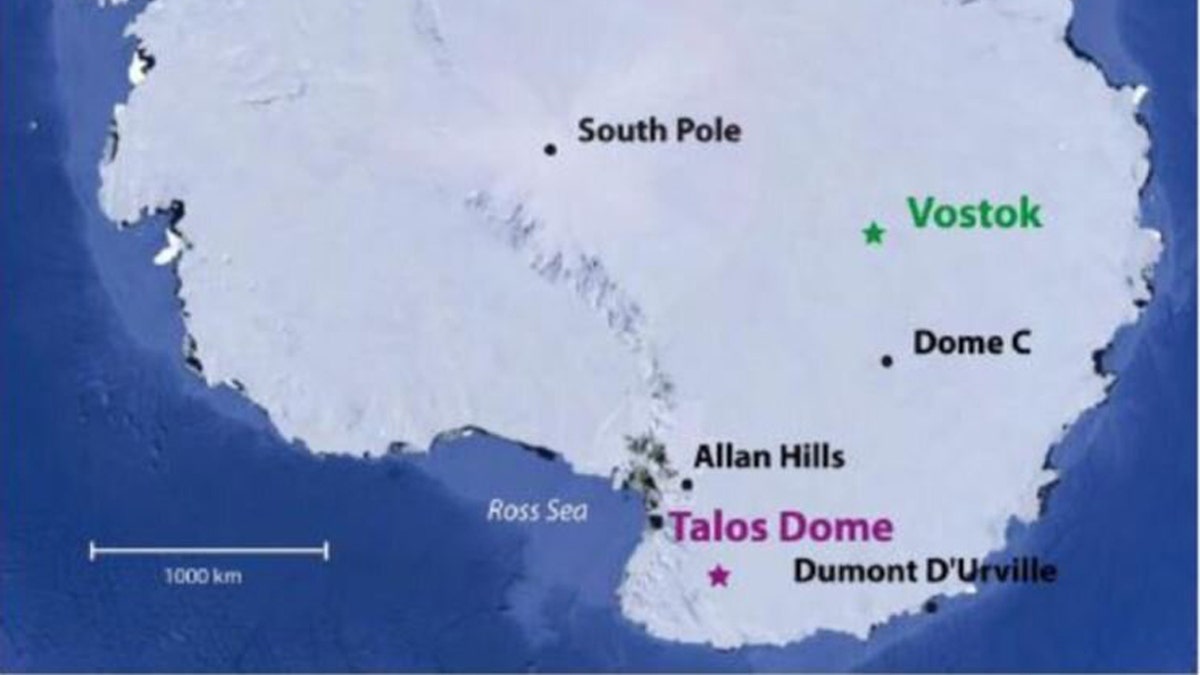 1 / 1Vostok and Talos Dome are both shown on this map of Antarctica. Vostok is still releasing anthropogenic chlorine-36 into the atmosphere. (Credit: AGU)