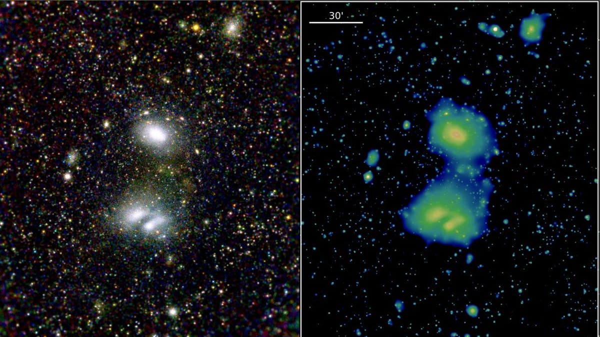 These two eROSITA images show the two interacting galaxy clusters A3391, to the top of the image, and the double-peaked cluster A3395, to the bottom, highlighting eROSITA’s superb view of the distant Universe.