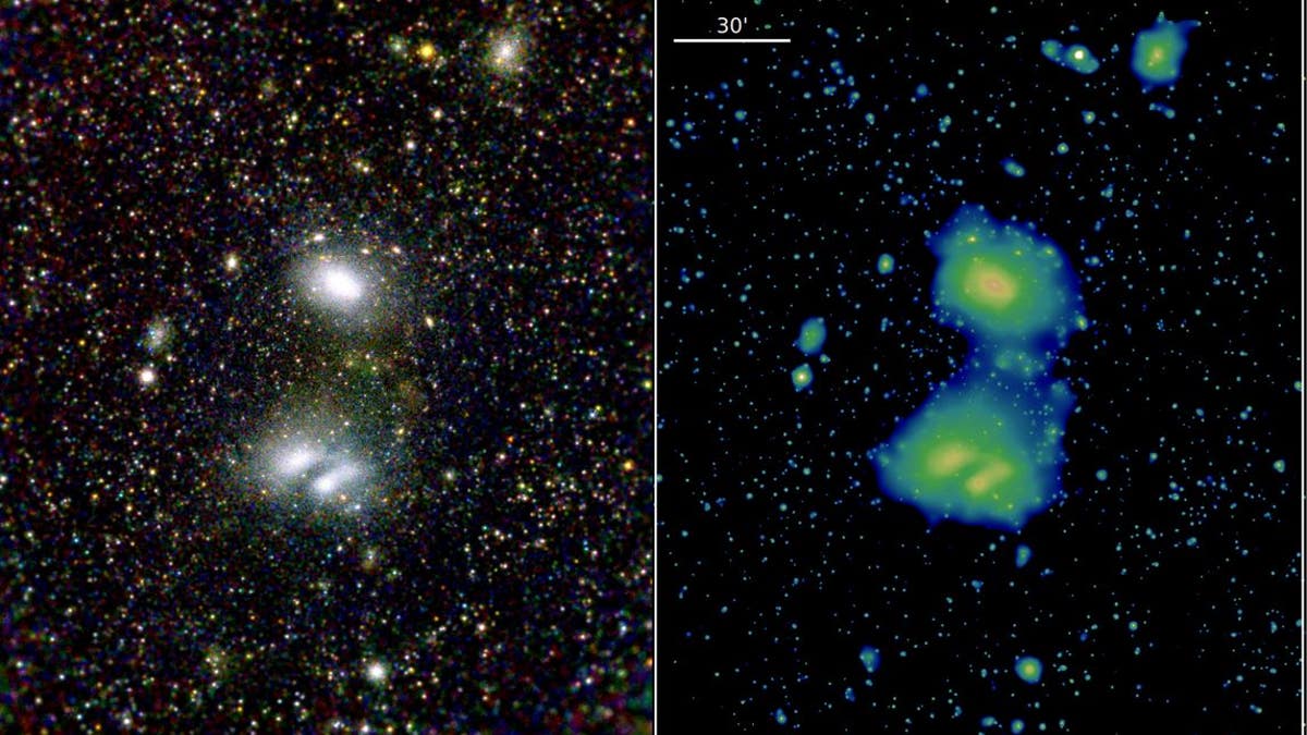 These two eROSITA images show the two interacting galaxy clusters A3391, to the top of the image, and the double-peaked cluster A3395, to the bottom, highlighting eROSITA’s superb view of the distant Universe.