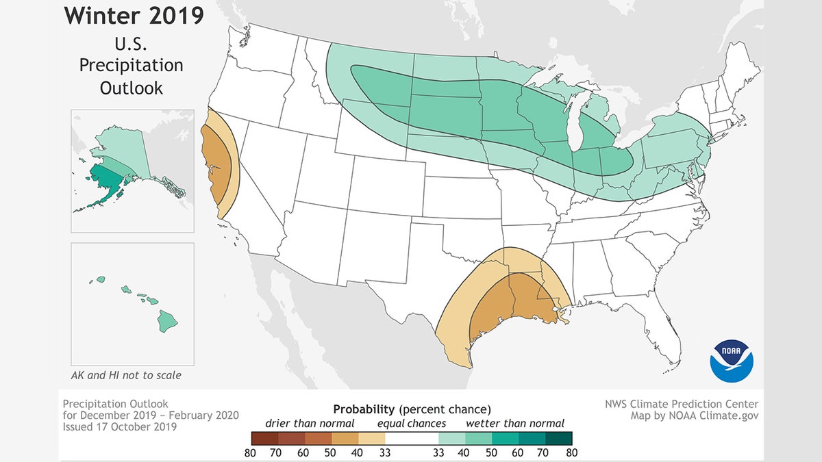 Above-normal precipitation is forecast this winter in Alaska, Hawaii, and northern parts of the country.