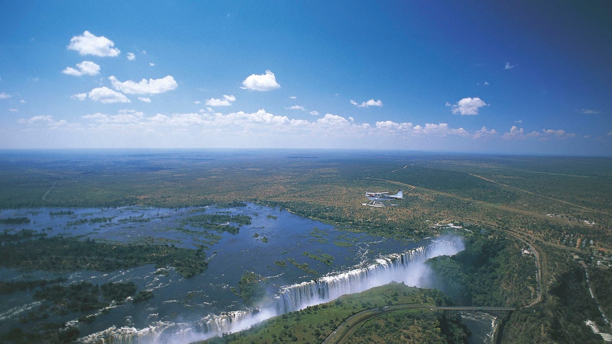 Aerial view of the Victoria Falls (UNESCO World Heritage List, 1989) on the Zambezi River, Zimbabwe. The river, which is the fourth-largest in Africa, borders several countries -- including Botswana.
