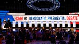 The stage is prepared where the CNN/New York Times will host the Democratic presidential primary debate at Otterbein University, Tuesday, Oct. 15, 2019, in Westerville, Ohio. (AP Photo/John Minchillo)
