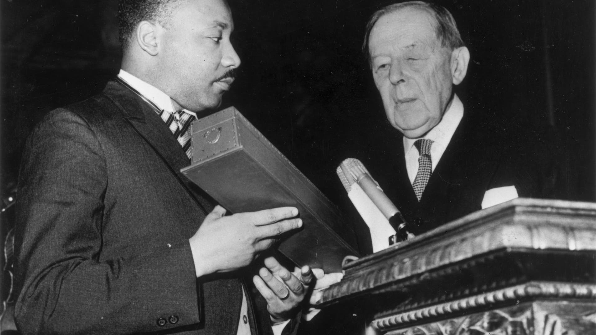 American civil rights leader Martin Luther King Jr. (left) receives the Nobel Prize for Peace from Gunnar Jahn, president of the Nobel Prize Committee, in Oslo, Dec. 10, 1964. 