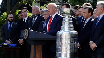 Trump jokes with St. Louis Blues' Alexander Steen during Stanley Cup ceremony