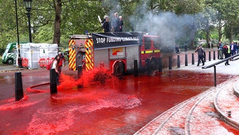 Environmental protesters spray UK's Treasury building with fake blood, four arrested