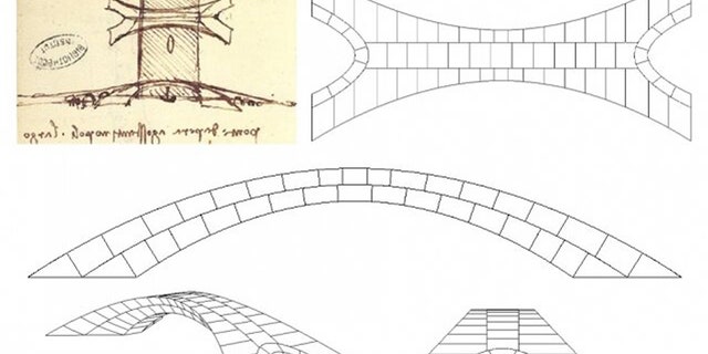 Leonardo da Vinci’s original drawing of the bridge proposal, showing a plan view at top and a side view (elevation) below, including a sailboat passing under the bridge, along with drawings that students Karly Bast and Michelle Xie produced to show how the structure could be divided up into 126 individual blocks that were 3D printed to build a scale model. (Credit: Karly Bast and Michelle Xie)