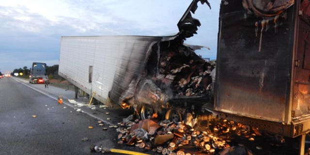 Roughly 38,000 pounds of frozen bagels were ruined when this tractor-trailer caught fire in Indiana on Sunday.