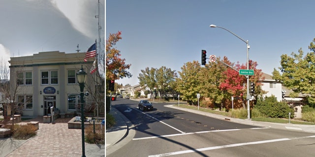 An adult male walked into the lobby of the Mt. Shasta Police Department (left) just after noon on Monday to report that he had murdered four people at his apartment in Roseville, about 212 miles away (right).