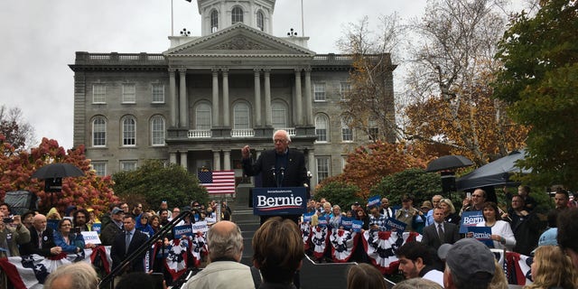 Democratic presidential candidate Sen. Bernie Sanders of Vermont holds a rally outside the New Hampshire Statehouse, in Concord, N.H., on Oct. 31, 2019