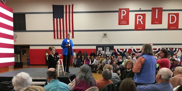 Presidential candidate Elizabeth Warren taking a question from the audience at a town hall in Laconia, N.H., on Tuesday.
