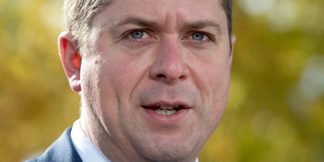 FILE - In this Oct. 15, 2019, file photo, Conservative Leader Andrew Scheer responds to a question during a campaign stop in Quebec City, Canada. Polls show that Scheer has a chance to defeat Justin Trudeau's Liberal party in national elections on Monday, Oct. 21. (Adrian Wyld/The Canadian Press via AP, File)