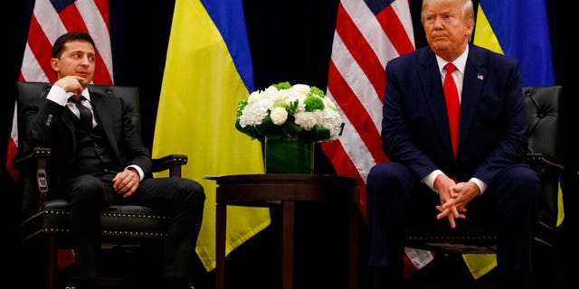 President Donald Trump meets with Ukrainian President Volodymyr Zelenskyy during the United Nations General Assembly, Sept. 25, 2019, in New York. (AP Photo/Evan Vucci)