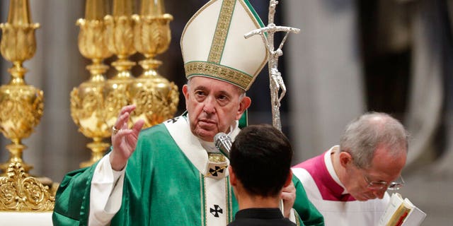 Pope Francis delivering a blessing as he celebrated an opening Mass for the Amazon synod, in St. Peter's Basilica, at the Vatican, on Sunday.