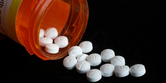 An arrangement of prescription oxycodone pills in New York. (AP Photo/Mark Lennihan, File)
