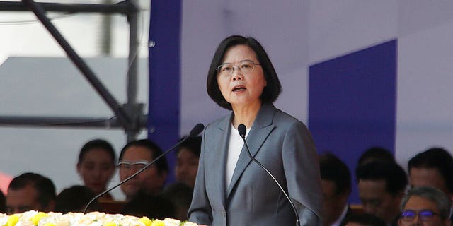 Taiwan President Tsai Ing-wen delivers a speech during National Day celebrations in front of the Presidential Building in Taipei, Taiwan, Thursday, Oct. 10, 2019. 