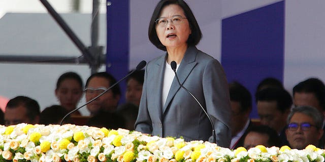 Taiwan President Tsai Ing-wen delivers a speech during National Day celebrations in front of the Presidential Building in Taipei, Taiwan, Thursday, Oct. 10, 2019. 