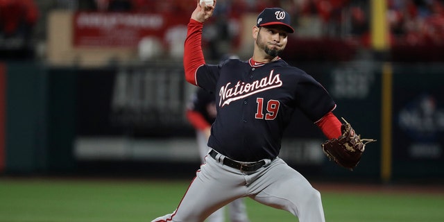 Washington Nationals starting pitcher Anibal Sanchez throws during the second inning of Game 1 of the baseball National League Championship Series against the St. Louis Cardinals Friday, Oct. 11, 2019, in St. Louis. (Associated Press)
