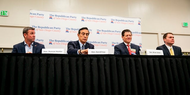 In this Monday photo, Republican candidates for the 50th congressional district, from left, Congressman Duncan Hunter, former Congressman Darrell Issa, state Sen. Brian Jones, and former city councilman Carl DeMaio, take part in a candidate forum sponsored by the Republican Party of San Diego County. (Sam Hodgson/The San Diego Union-Tribune via AP)