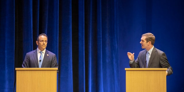 Republican Gov. Matt Bevin, left, and Democratic Attorney General Andy Beshear participate in a debate at the Singletary Center for the Arts on the University of Kentucky campus in Lexington, Ky., on Oct. 15. (Ryan C. Hermens/Lexington Herald-Leader via AP, Pool)