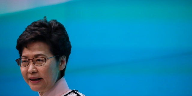 Hong Kong Chief Executive Carrie Lam speaks during a press conference at the Legislative Council in Hong Kong Wednesday, Oct. 16, 2019.