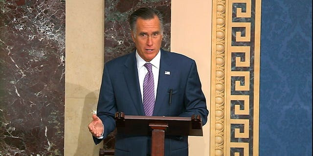 In this image fro video, Sen. Mitt Romney, R-Utah., speaks on the Senate floor, Thursday, Oct. 17, 2019, in Washington. (Senate television via AP)