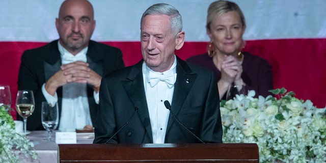 Former U.S. Secretary of Defense Jim Mattis, center, delivers the keynote address during the 74th Annual Alfred E. Smith Memorial Foundation Dinner, Thursday, Oct. 17, 2019, in New York. (Associated Press)