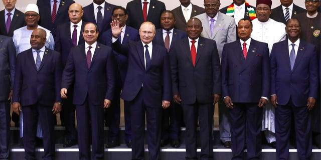 Russian President Vladimir Putin, center, poses for a photo with leaders of African countries at the Russia-Africa summit in the Black Sea resort of Sochi, Russia, Thursday, Oct. 24, 2019.