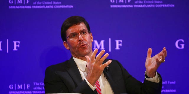 U.S. Secretary for Defense Mark Esper speaks during a panel discussion at the Concert Noble in Brussels, Thursday, Oct. 24, 2019.