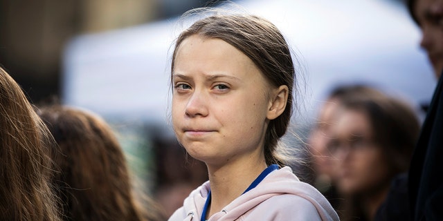 Η Σουηδή ακτιβίστρια για το κλίμα Γκρέτα Τούνμπεργκ παρευρίσκεται σε μια συγκέντρωση για το κλίμα στο Βανκούβερ της Βρετανικής Κολομβίας.