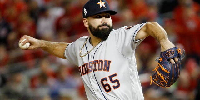Houston Astros starting pitcher Jose Urquidy throws against the Washington Nationals during the first inning of Game 4 of the World Series, Oct. 26, 2019, in Washington. (Associated Press)