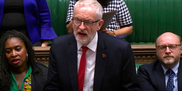 Britain's main opposition Labour Party leader Jeremy Corbyn speaks to lawmakers during an election debate in the House of Commons, London, Monday Oct. 28, 2019.