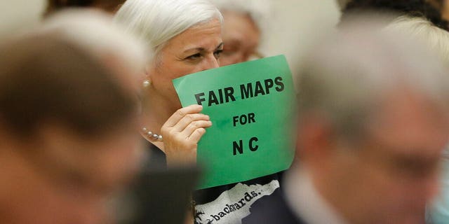 In this July 26, 2017 photo, a member of the gallery tried to display her sign while lawmakers conveneD during a joint select committee meeting on redistricting in Raleigh, N.C. North Carolina judges on Monday blocked the state's congressional map from being used in the 2020 elections. (AP Photo/Gerry Broome, File)