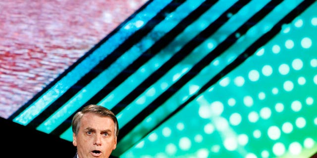 Brazilian President Jair Bolsonaro speaks during the Future Investment Initiative forum in Riyadh, Saudi Arabia, Wednesday, Oct. 30, 2019.