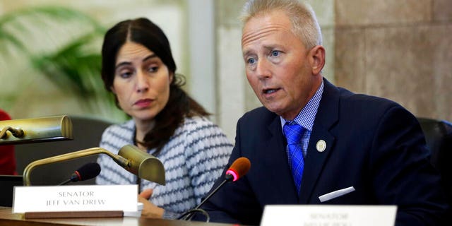 In this Thursday, Jan. 14, 2016, file photo, former state Sen. Jeff Van Drew, D-Cape May Court House, speaks at a Senate Budget and Appropriations Committee meeting in Trenton, N.J. Van Drew, now a freshman Democratic Congressman, was one of two Democrats to vote against the House resolution setting rules for the impeachment inquiry into President Trump on Tuesday.