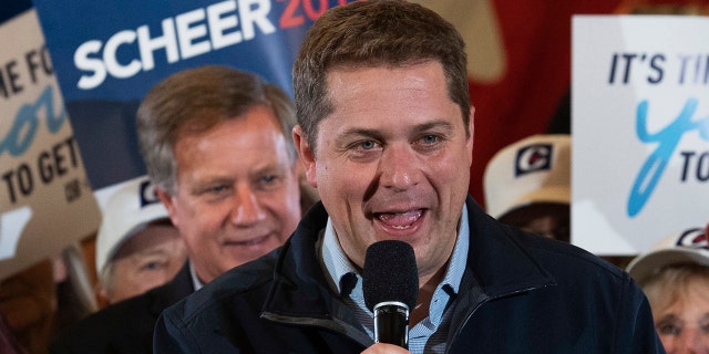 Conservative leader Andrew Scheer speaks during a rally in Winnipeg, Manitoba, Monday, Oct. 14, 2019. (Adrian Wyld/The Canadian Press via AP)
